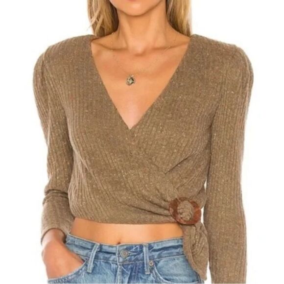 Revolve Majorelle Damien Ribbed Cropped Wrap Sweater in Mocha Brown Sz XS - Picture 1 of 12